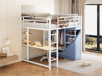 Loft Bed With Desk, Shelves, Power Outlet, LED Light And Wardrobe