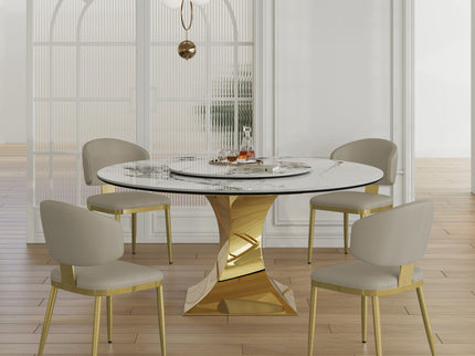 Luxury Round 59" Sintered Stone Dining Table With Stainless Steel Hourglass Base, Scratch & Heat Resistant Surface - Golden / White