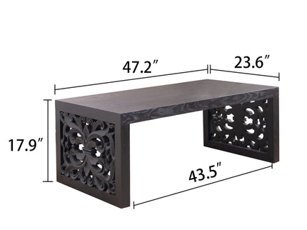 Rustic Carved Wood Coffee Table, Handcrafted Look With Ornate Side Panels