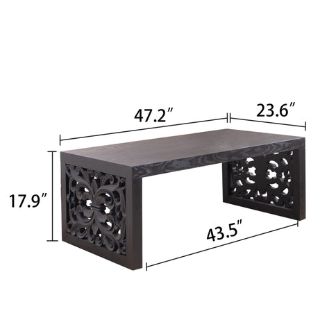 Rustic Carved Wood Coffee Table, Handcrafted Look With Ornate Side Panels
