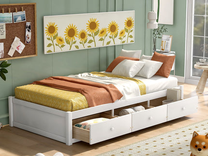 Twin Size Platform Storage Bed With 3 Drawers - White