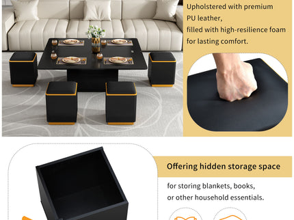 Lift Top Coffee Table With 4 Storage Stools