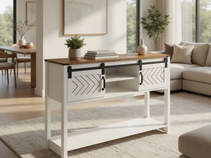 Entryway Table With Sliding Barn Door Storage - White / Oak
