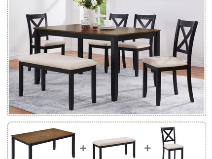 6 Piece Dining Table Set With Bench - Beige / Black / Oak