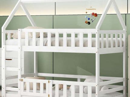 Twin Over Twin House Bunk Bed With Fence And Door
