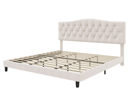King Upholstered Platform Bed With Curved Adjustable Headboard And Diamond Tufted Details, No Box Spring Needed - Beige
