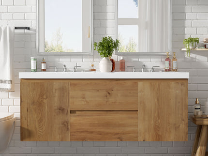 Double Sink Bathroom Vanity, Cabinet & Soft Close Doors, Divided Drawers, Wall Mounted Storage - Wood