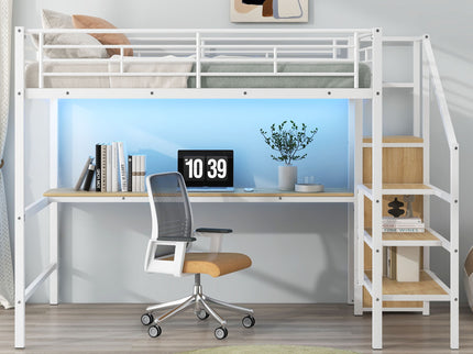 Loft Bed With Desk, Storage Staircase, Small Wardrobe And LED Light