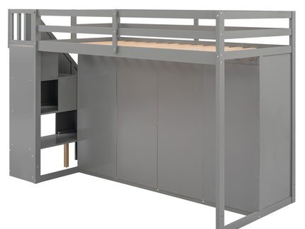 Loft Bed With 3 Shelves, 2 Wardrobes, 2 Drawers, Ladder Storage