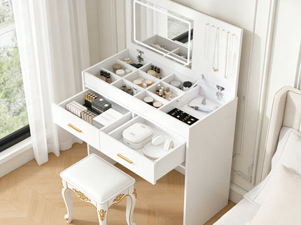 Flip Top Vanity Desk With LED Mirror & Outlet Makeup Table With 2 Drawers, Open Storage, And Jewelry Hooks - White
