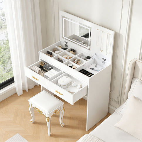 Flip Top Vanity Desk With LED Mirror & Outlet Makeup Table With 2 Drawers, Open Storage, And Jewelry Hooks - White