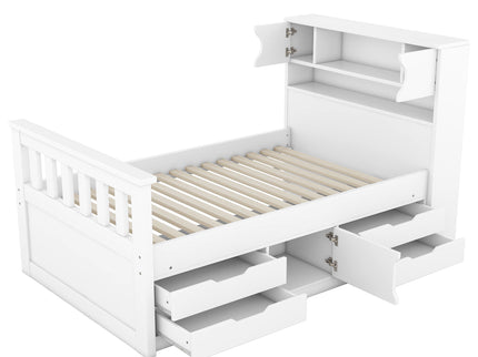 Captain Platform Bed Frame With Storage Bookcases, Shelves, And 4 Drawers