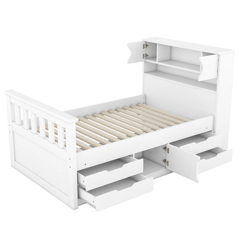 Captain Platform Bed Frame With Storage Bookcases, Shelves, And 4 Drawers