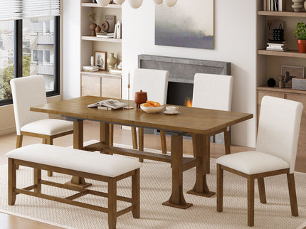 Topmax - 6 Piece Farmhouse Extendable Dining Table Set Trestle Kitchen Table Set With Removable Leaf And Upholstered Dining Chair And Bench For Dining Room