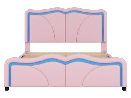 Upholstered Platform Bed & Curve Shaped And Height Adjustable Headboard, LED Light Strips