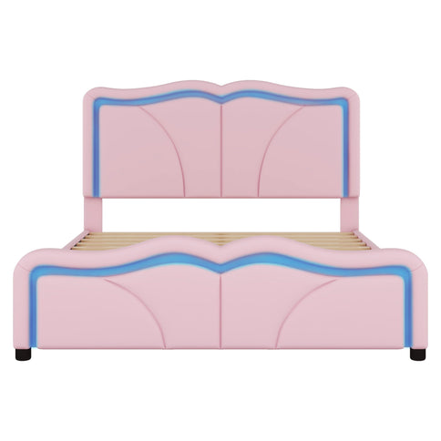 Upholstered Platform Bed & Curve Shaped And Height Adjustable Headboard, LED Light Strips