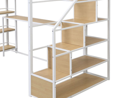 Twin Size Loft Bed With Built In Desk, Staircase Storage & 4 Tier Shelves - White