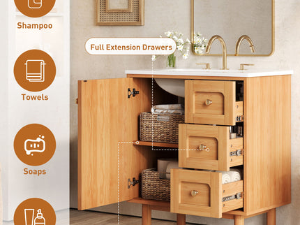 Bathroom Vanity With Sink, 3 Drawers, Soft Close Door - Natural Wood