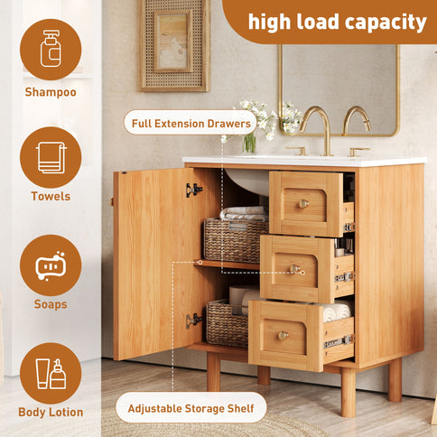 Bathroom Vanity With Sink, 3 Drawers, Soft Close Door - Natural Wood