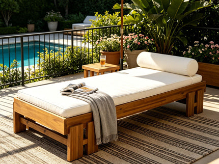 Daybed With Cushion & Pillow, Low Profile Design For Indoor / Outdoor Use - Cream / Teak