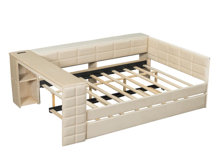 Upholstered Platform Bed With Storage Shelves, Desk, Charging Station And Trundle