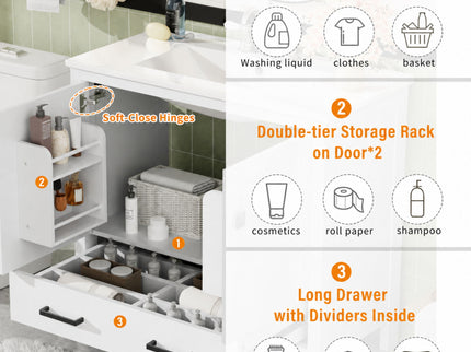 Bathroom Vanity With Sink, Soft Close Doors, Double Storage Shelves & Divided Drawer Ample Storage - White