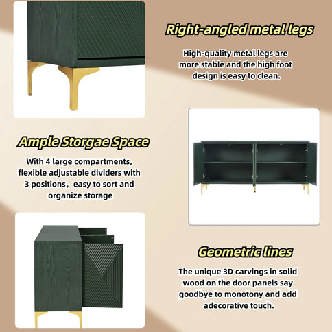 Modern Wood Sideboard Cabinet With Carved Door Panels, Adjustable Shelves, And Sturdy Metal Legs