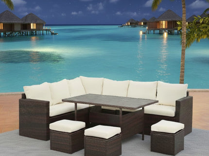 7 Piece Outdoor Dining Set With Cushions, Modular Sectional Sofa And Table