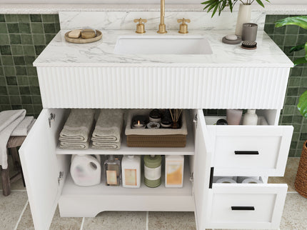 Bathroom Vanity Set, Fluted Cabinet, Soft Close Doors, 3 Faucet Holes, Sink Included - White