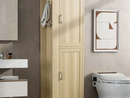 Tall Freestanding Bathroom Storage Cabinet With Adjustable Shelves And Side Hooks