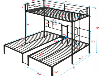 Twin Over Twin Over Twin Triple Bunk Bed With Safety Rails And Storage Shelf - Black