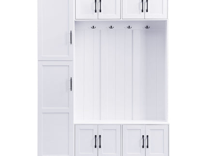 Tall Hall Tree With Shoe Storage, 4 In 1 Entryway Bench With 6 Cabinets, 4 Coat Hooks & Adjustable Shelf For Hallway - White