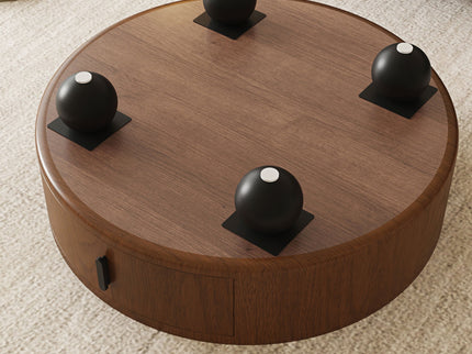 Round Coffee Table With Ball Feet, Pull Handle Storage Drawer - Bouguer Walnut / Brown