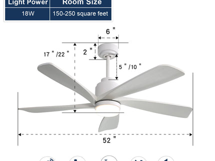 52" Ceiling Fan With Dimmable LED Light, 5 Blades, Reversible DC Motor, Smart Remote Control - White