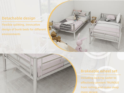 Metal Bunk Bed For Kids, Convertible Bedframe With Ladders & Guardrail