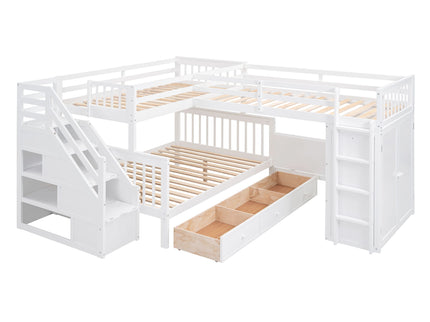 L Shaped Bunk Bed With 3 Drawers, Portable Desk And Wardrobe