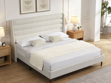 Modern Upholstered Platform Bed With Wave Shaped Headboard