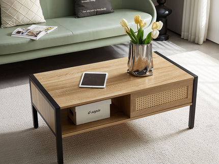 40.16" Rattan Coffee Table, Sliding Door For Storage, Metal Legs, Modern Table For Living Room