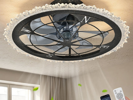 Caged Ceiling Fan & Remote Controlled Dimmable LED Lights, Flush Mount Fan, Low Profile Design - Antique Black