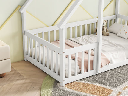 Wood House-Shaped Floor Bed With Fence, Guardrails
