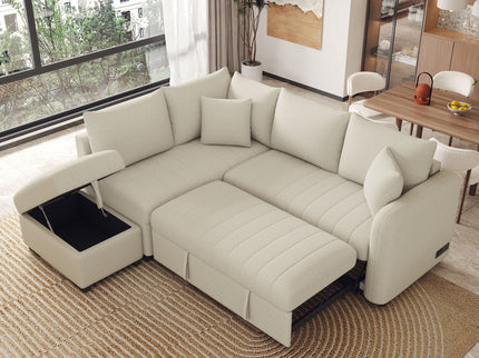 L-Shaped Sectional Pull Out Sofa Bed Sleeper Sofa With Two USB Ports, Two Power Sockets And A Movable Storage Ottoman