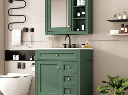 Bathroom Vanity With Top Sink, 2 Doors And 3 Drawers, Freestanding Set With Mirror Cabinet