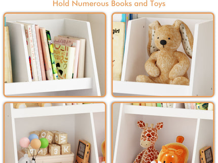 Kids Bookshelf And Toy Organizer, 5 Cubbies Wooden Open Bookcase, 2-Tier Baby Storage Display Organizer With Legs, Free Standing For Playing Room, Bedroom, Nursery, Classroom - White