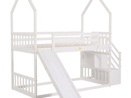 Twin Over Twin House Bunk Bed With Convertible Slide, Storage Staircase