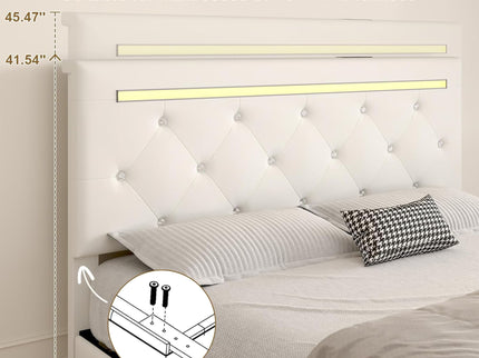 Upholstered Bed Frame With LED Lights, 4 Storage Drawers, Charging Station