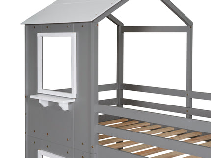 Bunk Bed Wood Bed & Roof, Window, Guardrail, Ladder