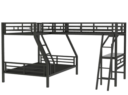Twin Over Full Bunk Bed With Loft And Desk, L-Shaped Design For 3 Sleepers - Black