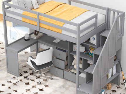 Loft Bed With L Shaped Desk, Drawers, Cabinet, And Storage Staircase