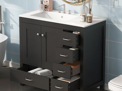 Bathroom Vanity With Ceramic Sink Combo, Abundant Storage Cabinet 2 Soft Close Doors And 5 Drawers