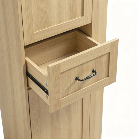 Tall Storage Cabinet With Tilt Out Compartment, Adjustable Shelves, Soft Close Hinges - Natural